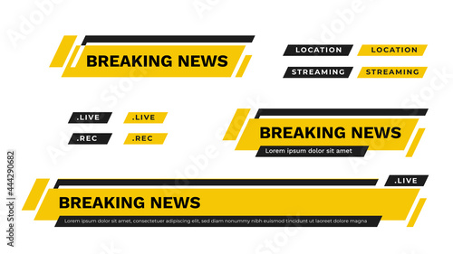 Lower Third TV News Bars Set Vector. News alerts, video streaming. Breaking, fake, sports news. Interface mark. The template mockup is editable and ready for your designs. Vector illustration.