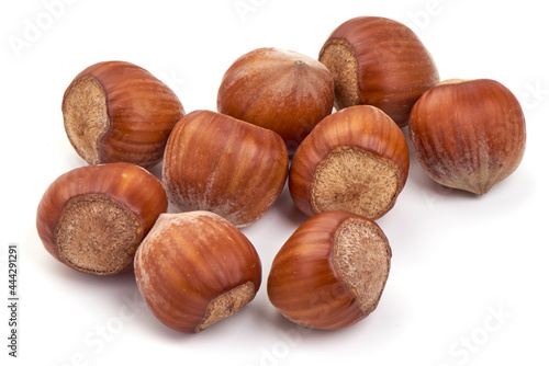 Hazelnuts, isolated on white background.