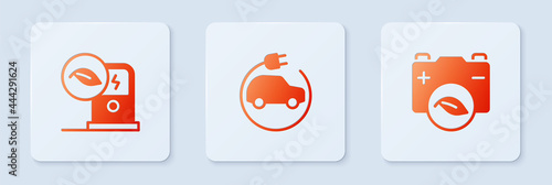 Set Electric car, charging station and Eco nature leaf battery. White square button. Vector