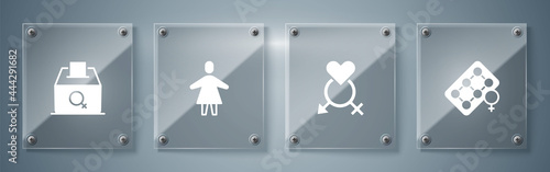 Set Packaging of birth control pills, Gender, Female and vote right. Square glass panels. Vector