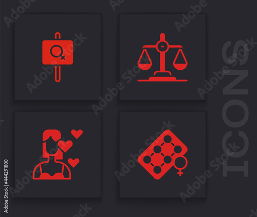 Set Packaging of birth control pills, Feminist activist, Gender equality and Love yourself icon. Vector
