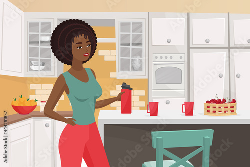 People drink clean water, healthy lifestyle vector illustration. Cartoon young fitness woman character holding water bottle, sporty girl drinking to care body health, home kitchen interior background