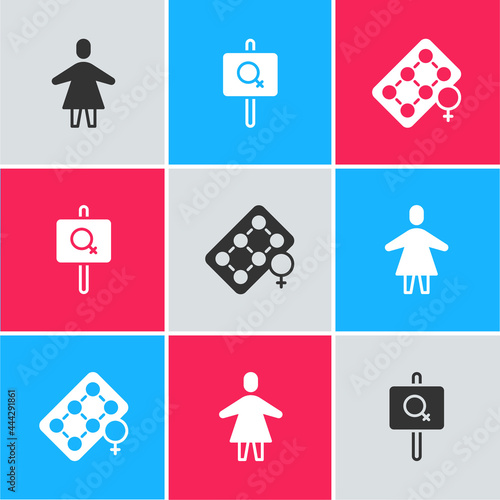 Set Female, Feminist activist and Packaging of birth control pills icon. Vector