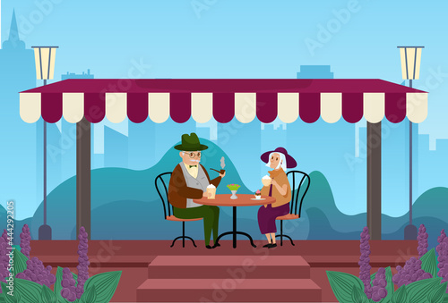 Elderly couple people drink coffee together in city street outdoor cafe vector illustration. Cartoon senior man woman characters meeting, drinking coffee, eating dessert and talking background