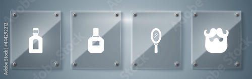 Set Mustache and beard, Hand mirror, Aftershave and Bottle of shampoo. Square glass panels. Vector