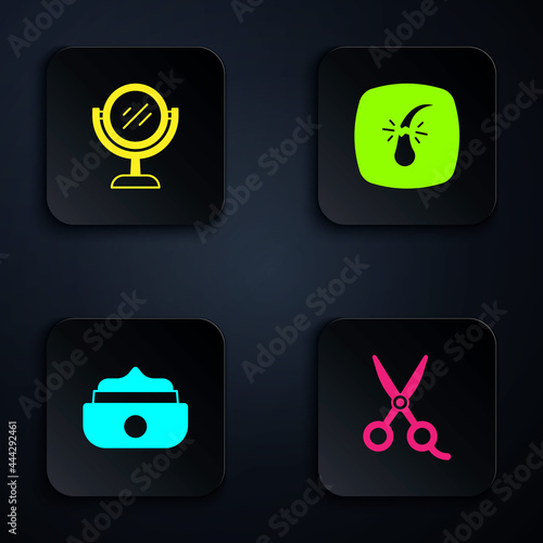 Set Scissors hairdresser, Hand mirror, Gel wax for styling and Broken follicle. Black square button. Vector