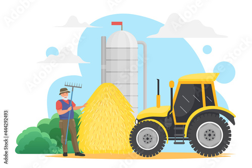 Farmer people work in village, grain harvest agriculture technology vector illustration. Cartoon happy elderly man worker character holding pitchfork, standing near farm silo tank storage and tractor