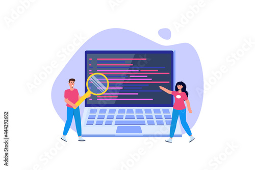 Reviewing code, software review testing, team solving errors and bugs concept. Vector illustration.