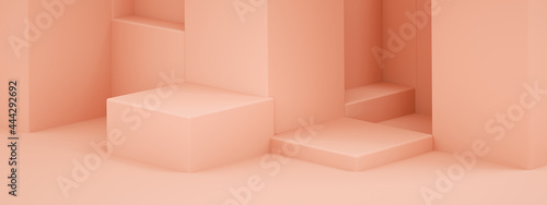empty podium for product, pink geometric shapes, 3d rendering, panoramic mockup