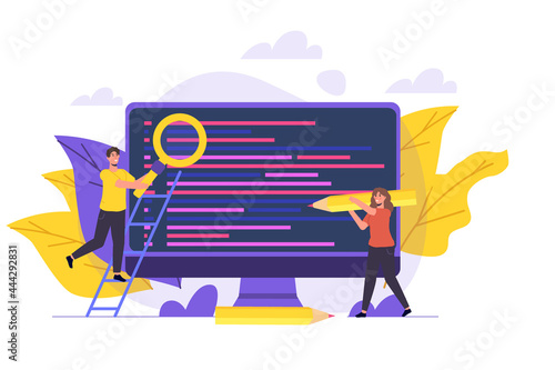 Reviewing code, software review testing, team solving errors and bugs concept. Vector illustration.