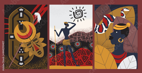 African tribe pattern, wallpaper set vector illustration. Cartoon warrior character standing with spear, tribal abstract tattoo, ethnic mask for wall art decor, social media stories template