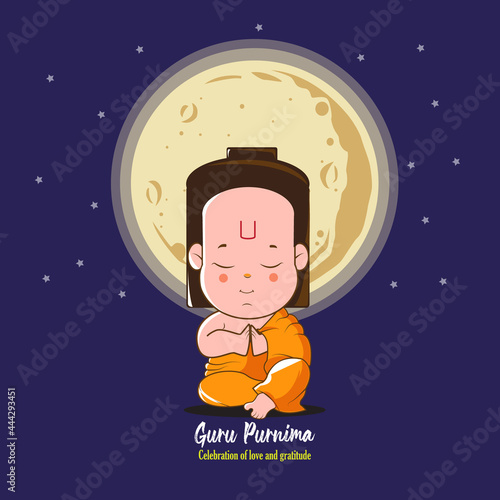 Illustration of Guru Purnima with Guru. The planet is in the background of the poster. Calligraphic lettering of Guru Purnima and celebration of love and gratitude. photo