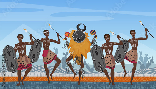 African people dance on traditional ethnic pattern ornament in Africa vector illustration. Cartoon warrior and shaman tribal dancers characters dancing ethnic native dances background