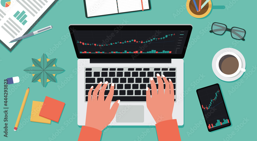 top view of human hand using laptop computer trading cryptocurrency, forex, stock with financial chart to buy and sell for exchange market concept, vector flat illustration top view of human hand using laptop computer trading cryptocurrency, forex, stock with financial chart to buy and sell for exchange market concept, vector flat illustration
