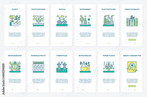 Eco transport, ecology environment green technology vector illustration. UX, UI onboarding mobile app page screen set with line science renewable biotechnology, hydroelectric power, recycling plant