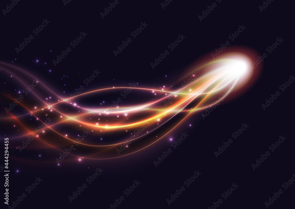 Abstract energy shining lines, glowing light effect vector illustration. Bright shine of swirl flying, magic glow waves and glitter particle, vibrant curve power twirl on dark transparent background