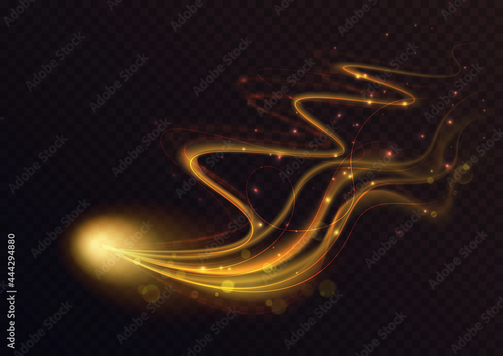 Golden flying star light effect, curve trail lines shine and glow vector illustration. Abstract magic fantasy gold waves fly, glowing tail of stardust with bokeh and sparkle particles background - obrazy, fototapety, plakaty 