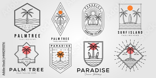 set of palm tree and paradise logo vector illustration design. bundle of tropical beach line art symbol