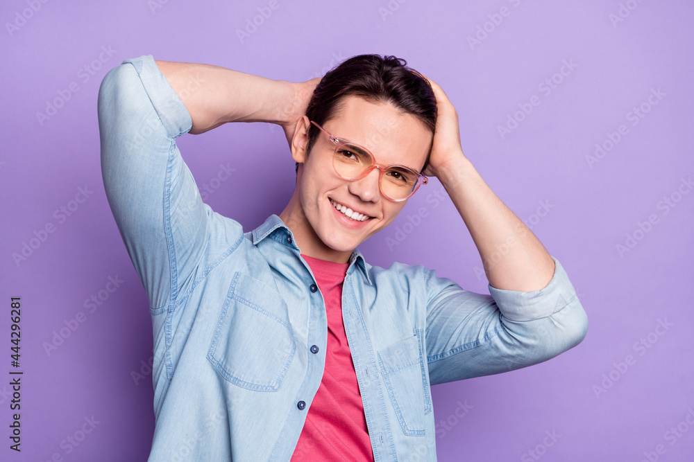 Photo of young handsome guy happy positive smile new hairdo barber shop isolated over purple color background Photo of young handsome guy happy positive smile new hairdo barber shop isolated over purple color background