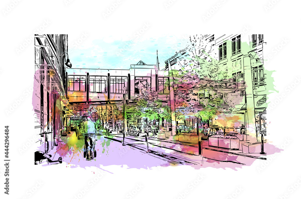 Building view with landmark of Indianapolis is the
city in Indiana. Watercolor splash with hand drawn sketch illustration in vector.