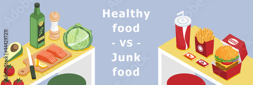 illustration isometric 3d vector of food on table. Healthy and unhealthy food concept.  