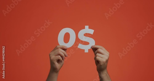 Zero dollars, free charge. Hands showing null dollar. Man show price during sale. Discounts, economic financial crisis
