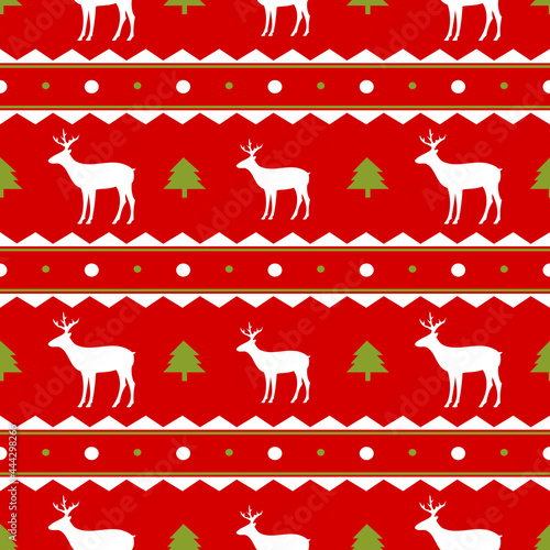 Seamless red background with a white deer and a green Christmas tree. New Year's pattern for packaging.