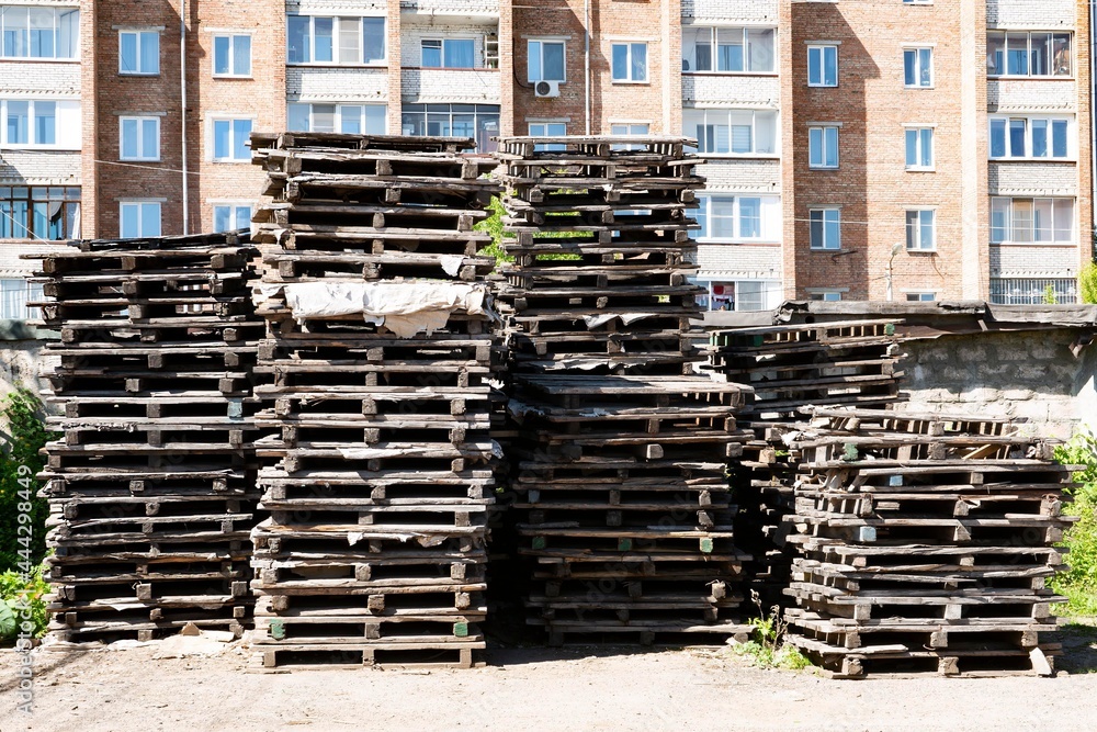 Wooden pallets for transportation of oversized cargo in the warehouse. Wooden pallets for transportation of oversized cargo in the warehouse.