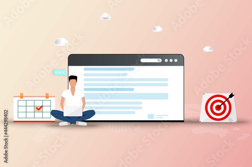 Online application concept, a young man is searching in the internet by using laptop to find a course to apply in the university and or job application after graduation in pastel color background.