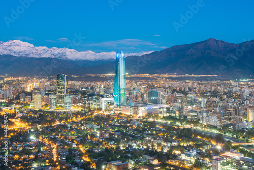 Skyline of Santiago de Chile at the foots of The Andes Mountain Range and buildings at Providencia district.
