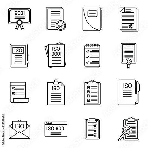 Certified standard icons set outline vector. Iso certificate