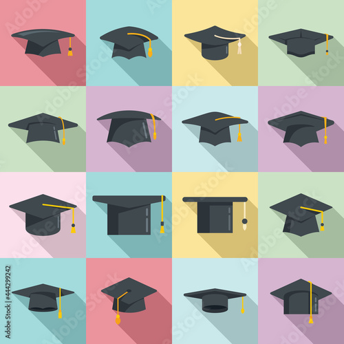 Graduation hat icons set flat vector. Academy graduation hat
