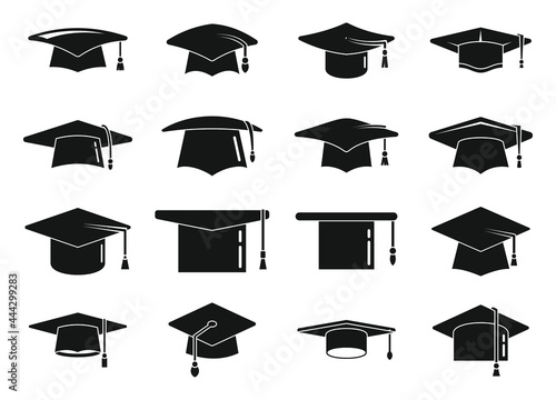 School graduation hat icons set simple vector. Academy celebration