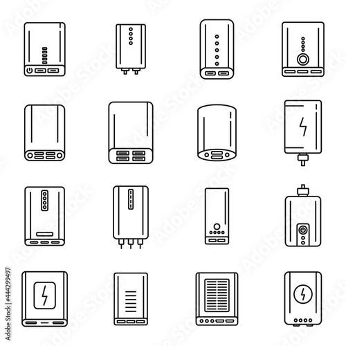 Power bank charger icons set outline vector. Alternative battery