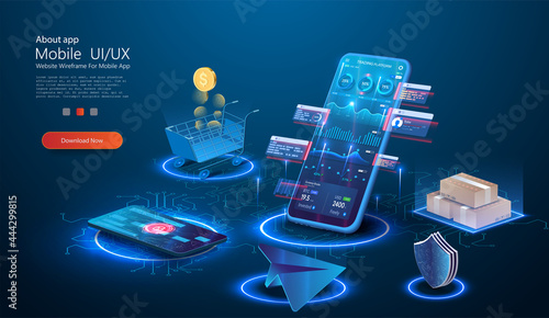 A financial set isometric elements. Mobile payments. Cryptocurrency exchange market. Financial analytics, airplane, stock trading, shopping cart, bank card, coins, boxes. Isometric vector illustration