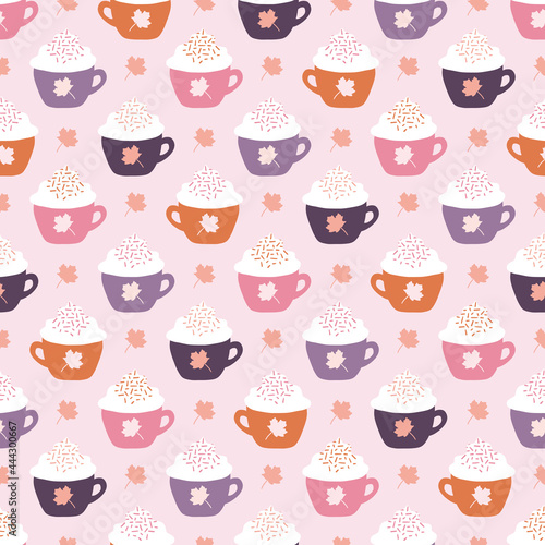Fall Pink Pumpkin Spice Latte and Maple Leaves Seamless Pattern Background
