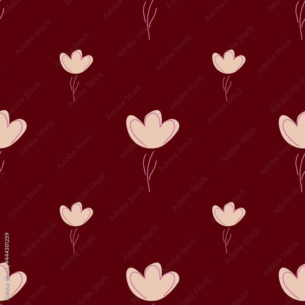 Modern nature seamless pattern with minimalistic flower pink silhouettes. Maroon background. Doodle print.