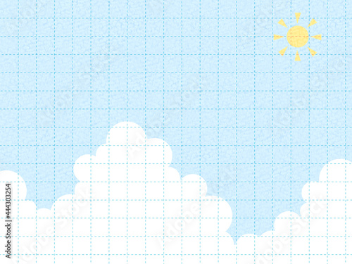 青空と白いもくもくの雲－入道雲と太陽－夏の空－破線グリッド
