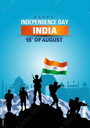 happy independence day India. vector illustration of Indian army with raising flag. blue background