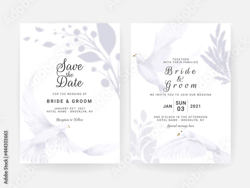 wedding invitation card set with hand painted white dove and floral watercolor