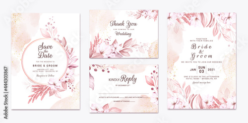 set of wedding invitation card with beautiful soft creamy flowers and leaves
