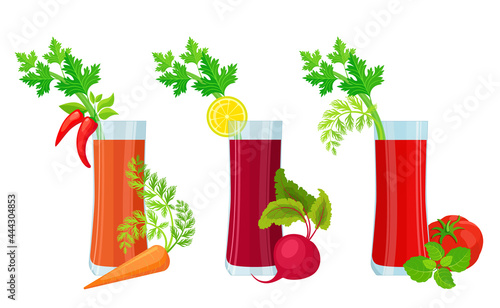 Vegetable juices from carrots, beets and tomatoes. Vegetable smoothies, cocktails. Concept of healthy eating, vegetarianism, lifestyle, diet and weight loss. Vector isolated on white background.