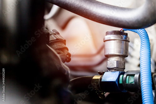 Close up sensor fuel press of car in engine room for check gasoline pressure of engine