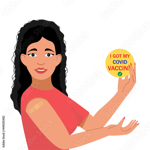 Happy young woman vaccinated against covid-19. For web page and vaccination centre. Vector illustration.