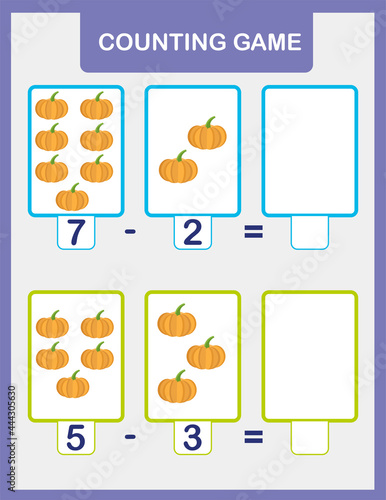 Math addition activity for preschool children. Printable simple counting worksheet for kids