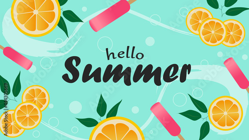 Colorful Summer background layout banners design. Background with oranges, ice cream and geometric shapes. Cartoon flat gradient vector illustration for websites and print