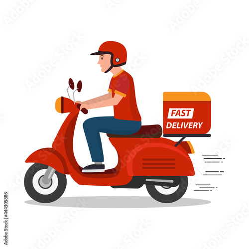 Man riding red scooter delivery isolated on white background. Online restaurant order food service. E-commerce concept. vector illustration flat design.