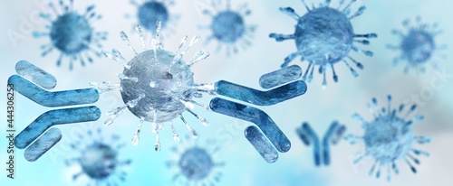 Fotografie Antibodies and virus close-up, viral infection blood plasma globular proteins