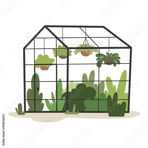 Hand-drawn greenhouse with plants. Vector illustration of agriculture in flat style.