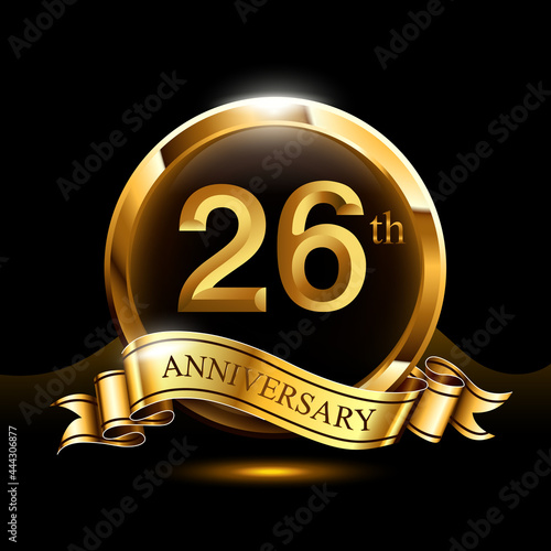 26 years golden anniversary logo celebration with ring and ribbon.
